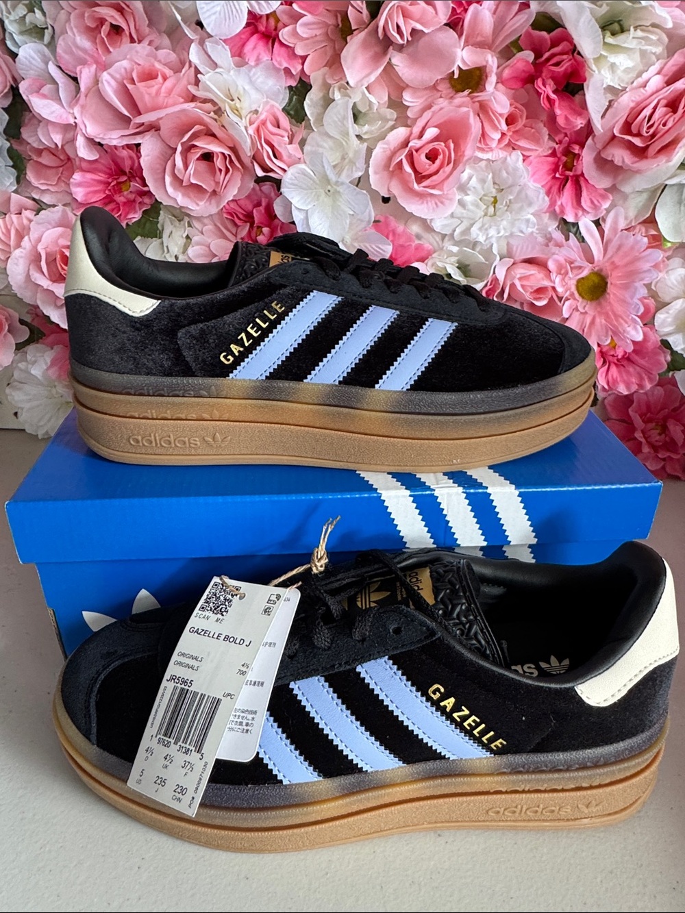 adidas Gazelle Bold Platform Sneakers - Black with Light Blue Stripes